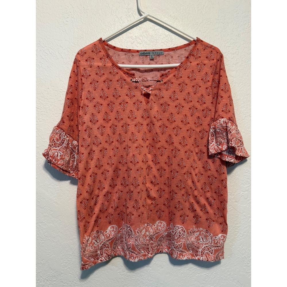 Absolutely Famous Coral Paisley Ruffle Sleeve Lace Up Top XL MG111AA38
